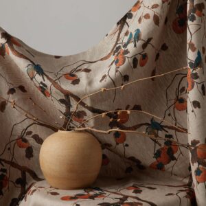 Persimmon Birds Flax Linen Fabric by Nathan Turner
